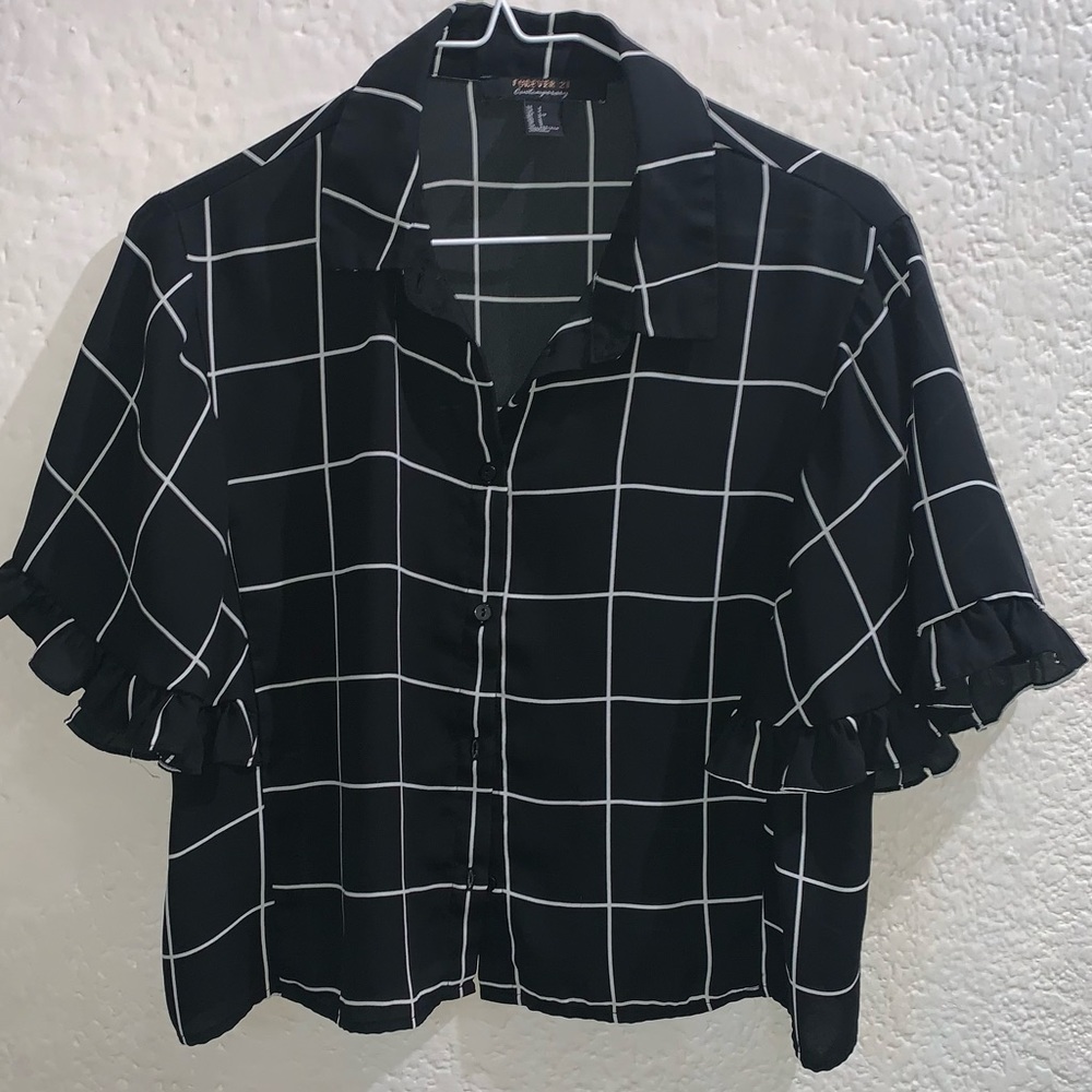 F21 Sheer Checkered Blk/Wht Blouse
